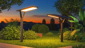 Illustration de lampes solaires Litom illuminant un espace extérieur. Image réalisée par IA.