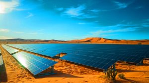 Illustration de l'installation de panneaux solaires dans un désert. Image réalisée par IA.