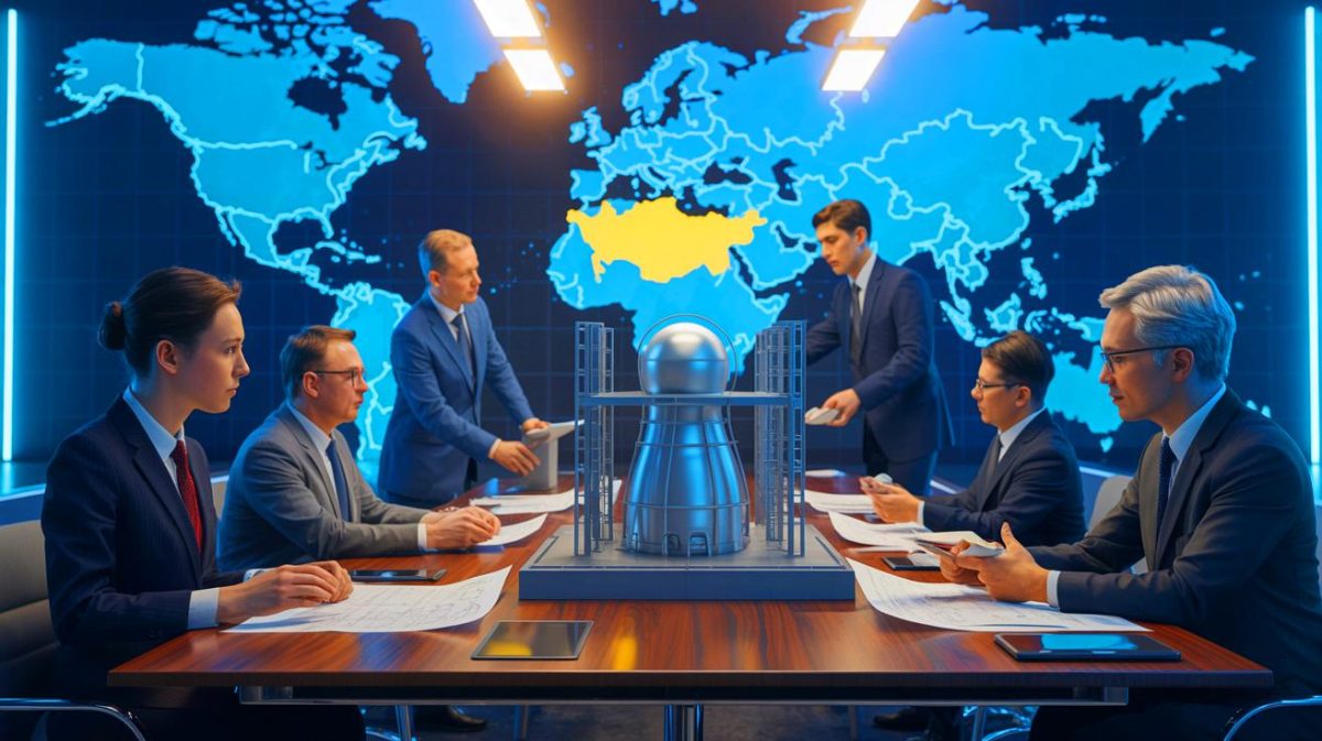 Illustration de la compétition entre la France, la Russie, la Corée du Sud et la Chine pour construire la première centrale nucléaire du Kazakhstan. Image réalisée par IA.