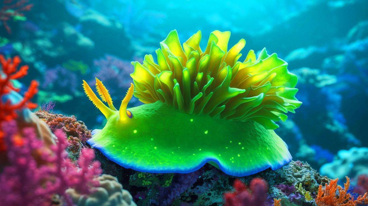 Illustration de la limace de mer Elysia crispata utilisant des chloroplastes volés pour la photosynthèse. Image réalisée par IA.