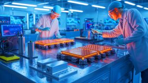 Illustration de l'innovation dans les batteries solides sans anode grâce au revêtement en disulfure de molybdène. Image réalisée par IA.