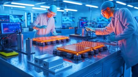 Illustration de l'innovation dans les batteries solides sans anode grâce au revêtement en disulfure de molybdène. Image réalisée par IA.