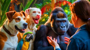 Illustration de la compréhension du langage humain par les animaux. Image réalisée par IA.