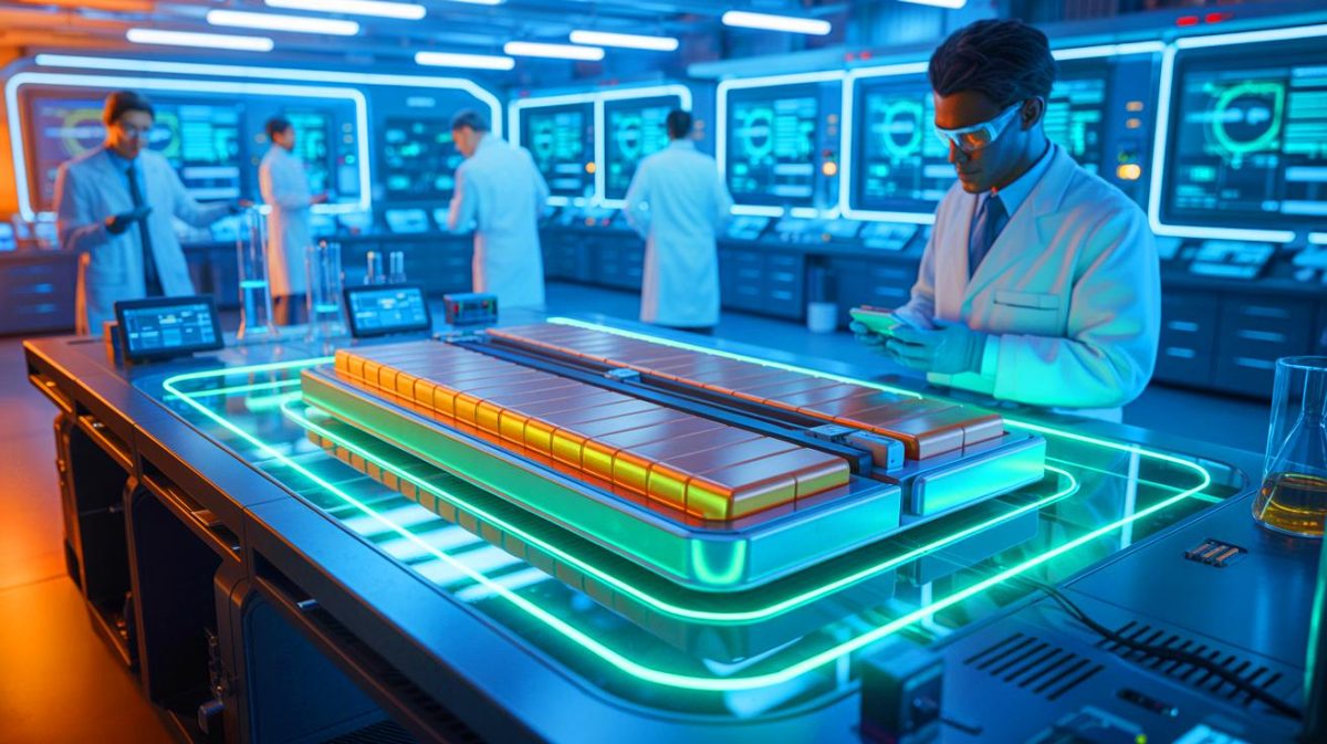Illustration de la technologie d'électrodes sèches pour batteries au zinc-iode développée par l'Université d'Adélaïde. Image réalisée par IA.