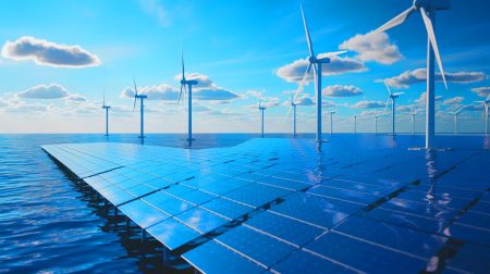 Illustration de la combinaison innovante d'énergie solaire et éolienne offshore pour augmenter la production électrique. Image réalisée par IA.