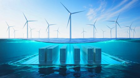 Illustration de l'installation d'un centre de données sous-marin alimenté par l'énergie éolienne au large de Shanghai. Image réalisée par IA.
