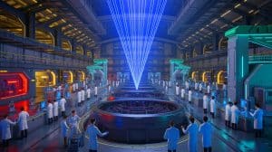 Illustration de la construction du plus grand site de fusion nucléaire par laser en Chine. Image réalisée par IA.