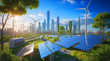 Illustration de la Chine en tant que premier « electrostate » mondial, alimentée par des énergies renouvelables. Image réalisée par IA.