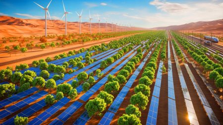 « On va faire fleurir le désert » : 600 000 Chinois déployés dans le Taklamakan pour un chantier hors norme d’ampleur allemande Illustration de la transformation écologique du désert de Taklamakan en Chine. Image réalisée par IA.