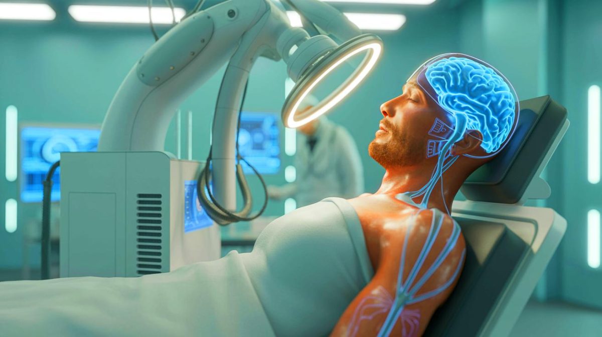 Illustration de l'implant cérébral innovant redonnant la mobilité à un patient paralysé. Image réalisée par IA.