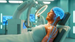 Illustration de l'implant cérébral innovant redonnant la mobilité à un patient paralysé. Image réalisée par IA.