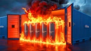 Illustration de la résistance au feu d'un système de stockage d'énergie par batterie lors d'un test en Chine. Image réalisée par IA.
