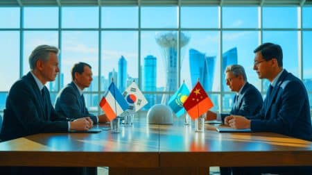 Illustration de la compétition internationale pour construire la première centrale nucléaire du Kazakhstan. Image réalisée par IA.