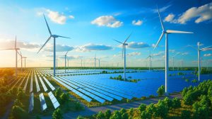 Illustration de la surproduction d'électricité en France avec des parcs éoliens et solaires. Image réalisée par IA.