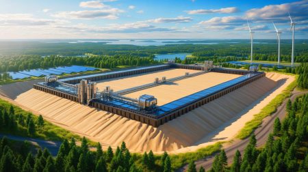 L’Europe active la plus grande batterie de sable au monde : une arme redoutable contre les émissions de CO₂ entre en fonction Illustration de la première batterie de sable industrielle au monde en Finlande, symbolisant la réduction des émissions de CO2. Image réalisée par IA.