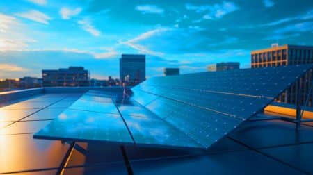 Illustration de panneaux solaires en pérovskite sur un toit urbain. Image réalisée par IA.