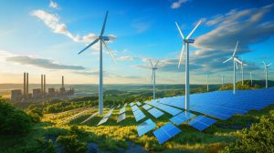 Illustration de l'essor des énergies éolienne et solaire surpassant le charbon aux États-Unis. Image réalisée par IA.