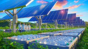 Illustration de la transformation de bouteilles en plastique en hydrogène propre grâce à l'énergie solaire. Image réalisée par IA.