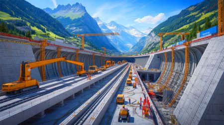 Illustration de la construction du tunnel de base du Gothard en Suisse. Image réalisée par IA.