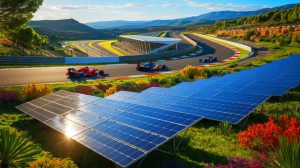 Illustration de la construction de centrales photovoltaïques et d'un circuit de Formule 1 en Espagne. Image réalisée par IA.