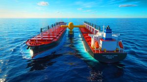 Illustration de la première opération mondiale de transfert de CO₂ capturé entre navires en mer. Image réalisée par IA.