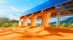 Illustration de l'utilisation innovante du sable pour le stockage de chaleur dans un système de geyser solaire. Image réalisée par IA.