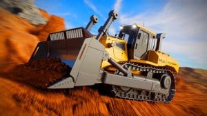 Illustration du bulldozer électrique ML6 Moonlander de Lumina en action sur un chantier. Image réalisée par IA.