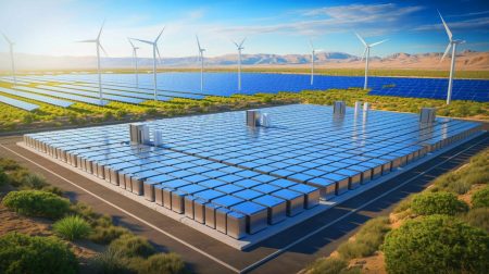 Illustration de la stabilisation du réseau californien grâce au projet de stockage d'énergie Peregrine. Image réalisée par IA.