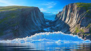 Illustration de l'effondrement montagneux dans le fjord Dickson au Groenland provoquant un tsunami. Image réalisée par IA.