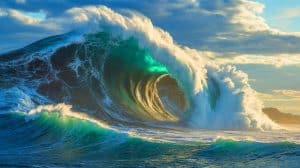 Illustration de la vague scélérate de 17,6 mètres enregistrée au large d'Ucluelet. Image réalisée par IA.