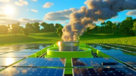 Illustration de la conversion du dioxyde de carbone en carburant propre par énergie solaire. Image réalisée par IA.