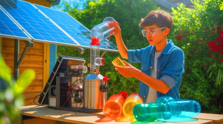 Illustration de la transformation du plastique en carburant grâce à un réacteur pyrolytique artisanal. Image réalisée par IA.