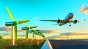 Illustration de mini-éoliennes capturant le vent des turbines d'avions à l'aéroport de Dallas. Image réalisée par IA.
