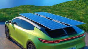 Illustration de l'installation du système DartSolar sur un véhicule électrique pour capter l'énergie solaire. Image réalisée par IA.