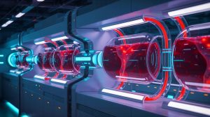 Illustration de l'innovation inspirée par le système circulatoire humain pour le stockage d'énergie. Image réalisée par IA.