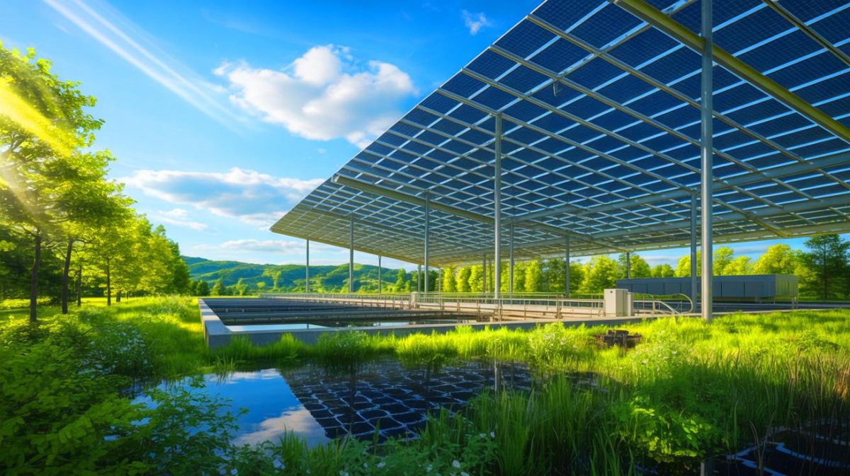 « On a réduit la facture de 30 % » : cette station d’épuration américaine mise sur un auvent solaire de 240 kW Illustration de la canopée solaire innovante installée à la station d'épuration de Pendleton. Image réalisée par IA.