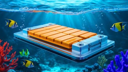 Illustration de la résilience d'une batterie de véhicule électrique immergée dans l'eau salée. Image réalisée par IA.
