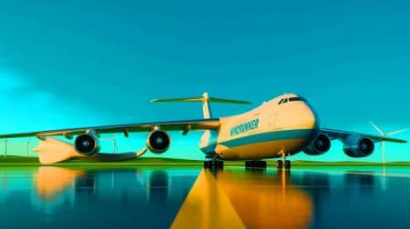 Illustration de l'avion cargo WindRunner conçu pour le transport d'éoliennes terrestres. Image réalisée par IA.