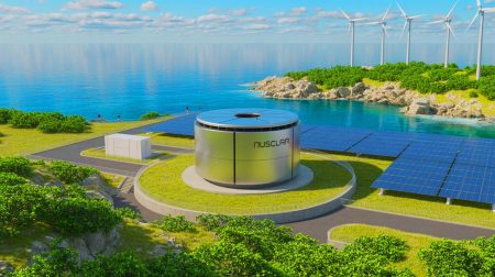Illustration de l'innovation de NuScale dans la production d'énergie intégrée combinant électricité, désalinisation et hydrogène. Image réalisée par IA.
