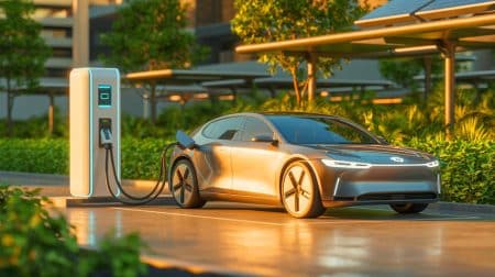 Illustration de la nouvelle batterie EV innovante capable de se recharger à 80 % en 10 minutes. Image réalisée par IA.