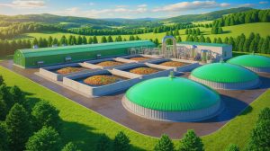 Illustration de la transformation des déchets de crème glacée en énergie propre dans l'usine PurposeEnergy. Image réalisée par IA.
