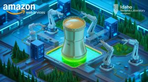 Illustration de la collaboration entre le laboratoire national de l'Idaho et Amazon Web Services pour l'avancement de la technologie nucléaire, générée par intelligence artificielle.