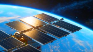 Illustration de panneaux solaires rétractables développés par Atomic-6 pour la sécurité des satellites, générée par intelligence artificielle.