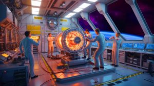 Illustration de la collaboration entre la NASA et l'Université de Leicester pour le développement de générateurs Stirling alimentés par l'americium-241, générée par intelligence artificielle.