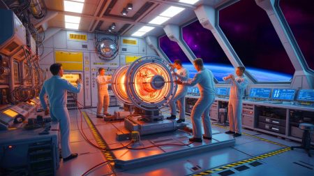 Illustration de la collaboration entre la NASA et l'Université de Leicester pour le développement de générateurs Stirling alimentés par l'americium-241, générée par intelligence artificielle.