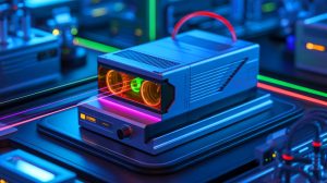 Illustration de l'amplificateur laser innovant capable de multiplier par dix la vitesse de transmission des données, générée par intelligence artificielle.