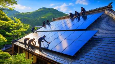 Illustration de l'installation de cellules solaires chalcopyrites ultralégères sur un toit, générée par intelligence artificielle.