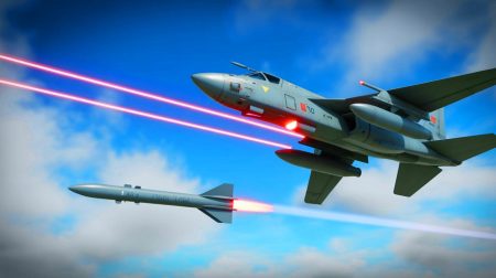 Illustration de l'utilisation du système YILDIRIM 100 pour aveugler des missiles ennemis, générée par intelligence artificielle.