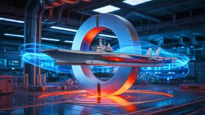 Illustration de l'aimant surpuissant du projet ITER, capable de faire léviter un porte-avions, générée par intelligence artificielle.