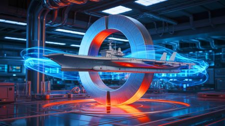 Illustration de l'aimant surpuissant du projet ITER, capable de faire léviter un porte-avions, générée par intelligence artificielle.